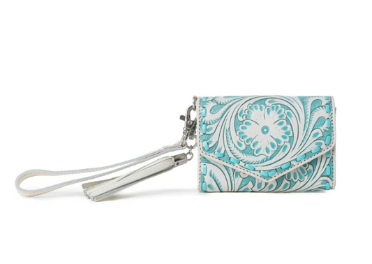 Turquoise Lagoon - Western Tooled Leather Wristlet Wallet – Compact Cowgirl Wallet with Magnetic Closure (5.5” x 3.5”)