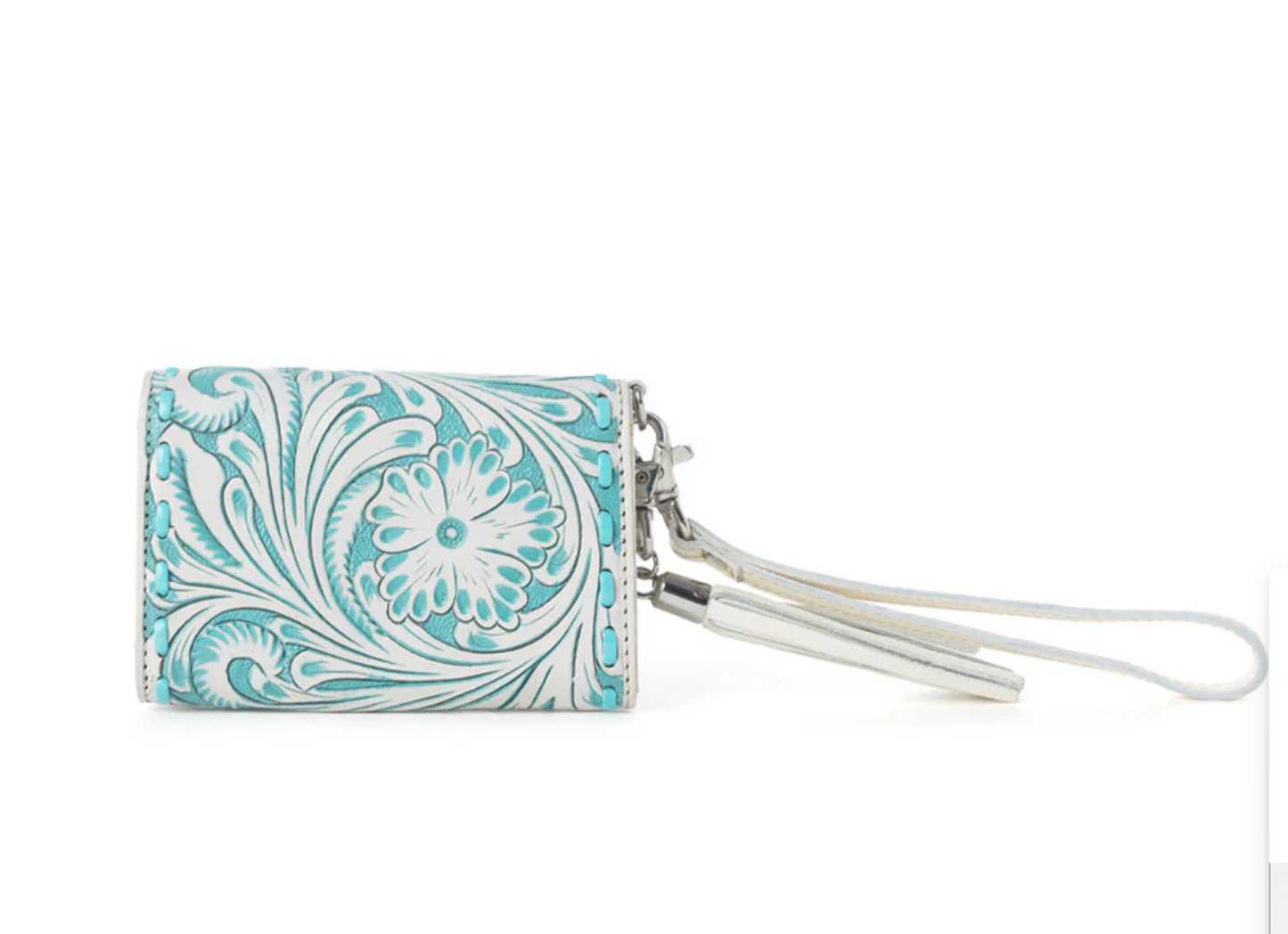 Turquoise Lagoon - Western Tooled Leather Wristlet Wallet – Compact Cowgirl Wallet with Magnetic Closure (5.5” x 3.5”)