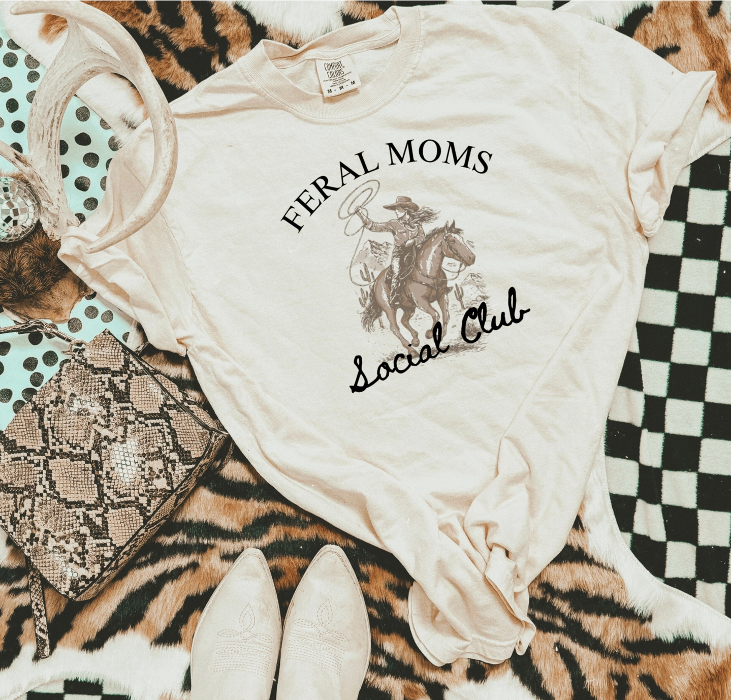 Feral Moms Social Club Graphic Tee Ivory Western Cowgirl Shirt Unisex 100% Cotton Comfort Colors