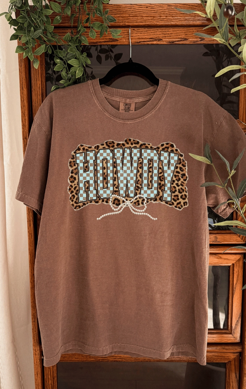Howdy Graphic Tee Western Checkered Cheetah Print Shirt Espresso Brown Unisex 100% Cotton Comfort Colors