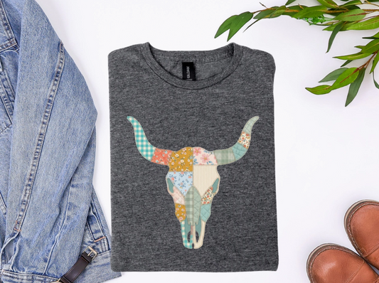 Patchwork Bull Skull Graphic Tee Western Quilted Style Shirt Ash Grey Unisex Cotton Blend