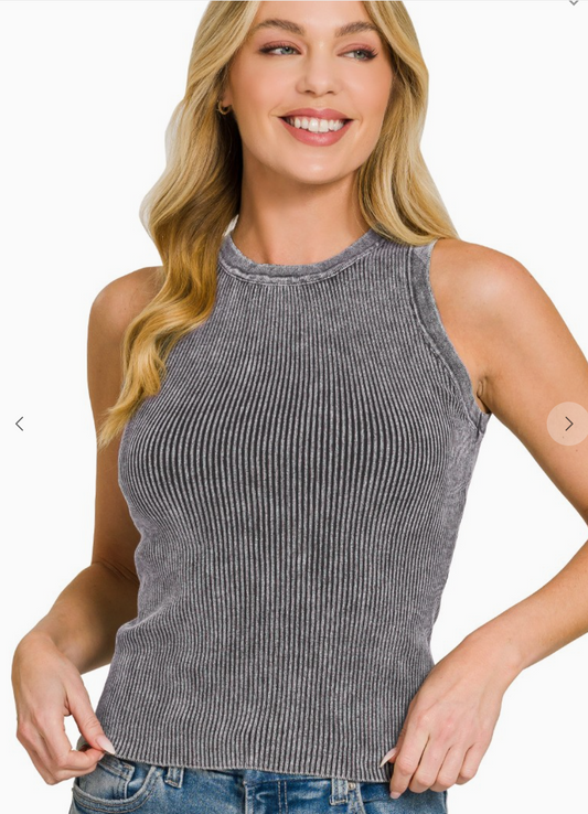 Sienna Washed Ribbed Sweater Tank Top for Women Sleeveless Knit Tank Soft Fitted Everyday Basic Punchy Cactus