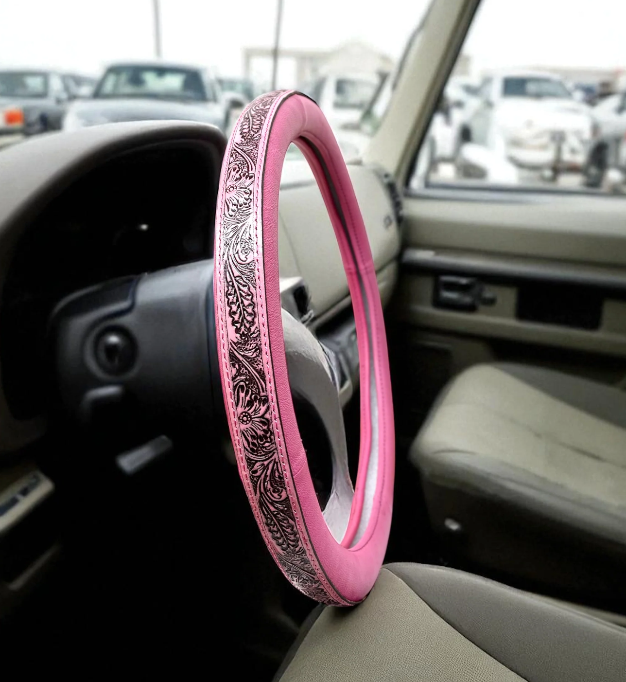 Pink Cowgirl Western Tooled Leather Steering Wheel Cover