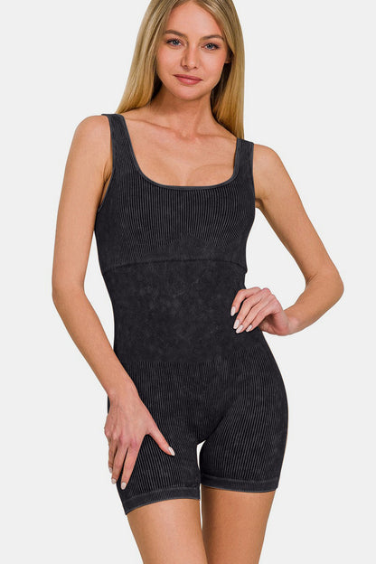 Washed Ribbed Romper with Pad - Online Exclusive