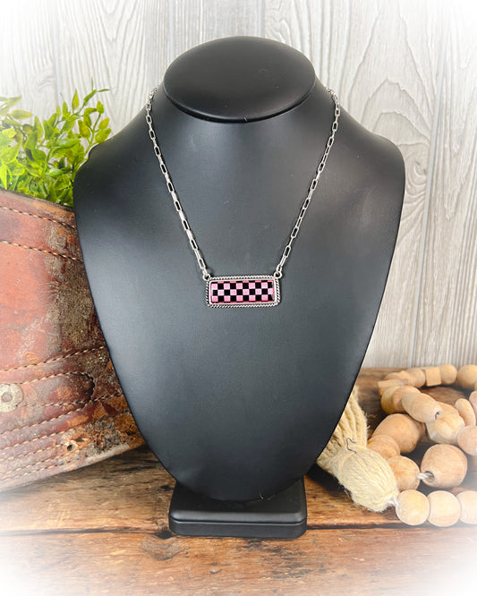 pink and black checkered print bar stone necklace | punchy cactus | western boutique | western jewelry 