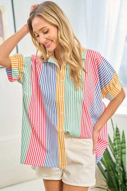 First Love Full Size Striped Button Down Short Sleeve Shirt - Online Exclusive