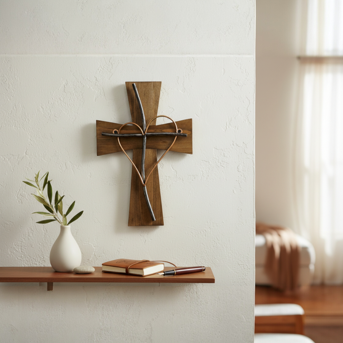 Wood & Metal Heart on Layered Cross Hanging Wall Cross
