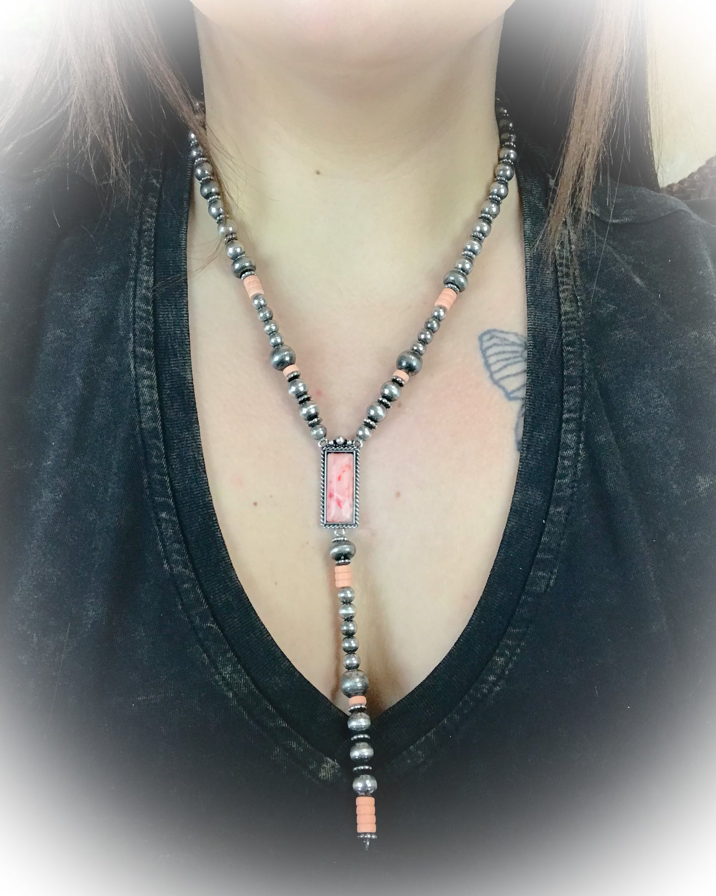 faux navajo pearl and corral beaded lariat necklace | punchy cactus | western boutique | western necklace