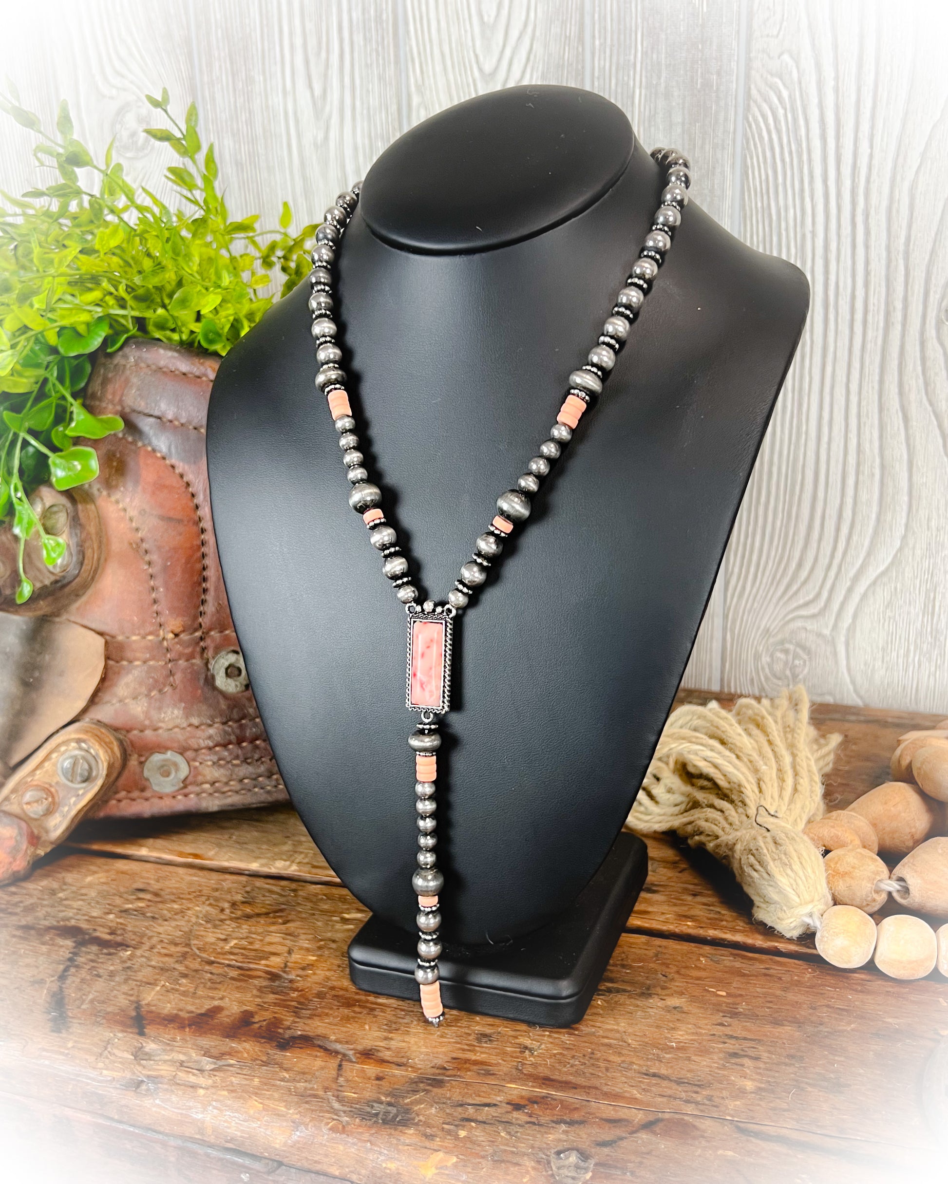 faux navajo pearl and corral beaded lariat necklace | punchy cactus | western boutique | western necklace