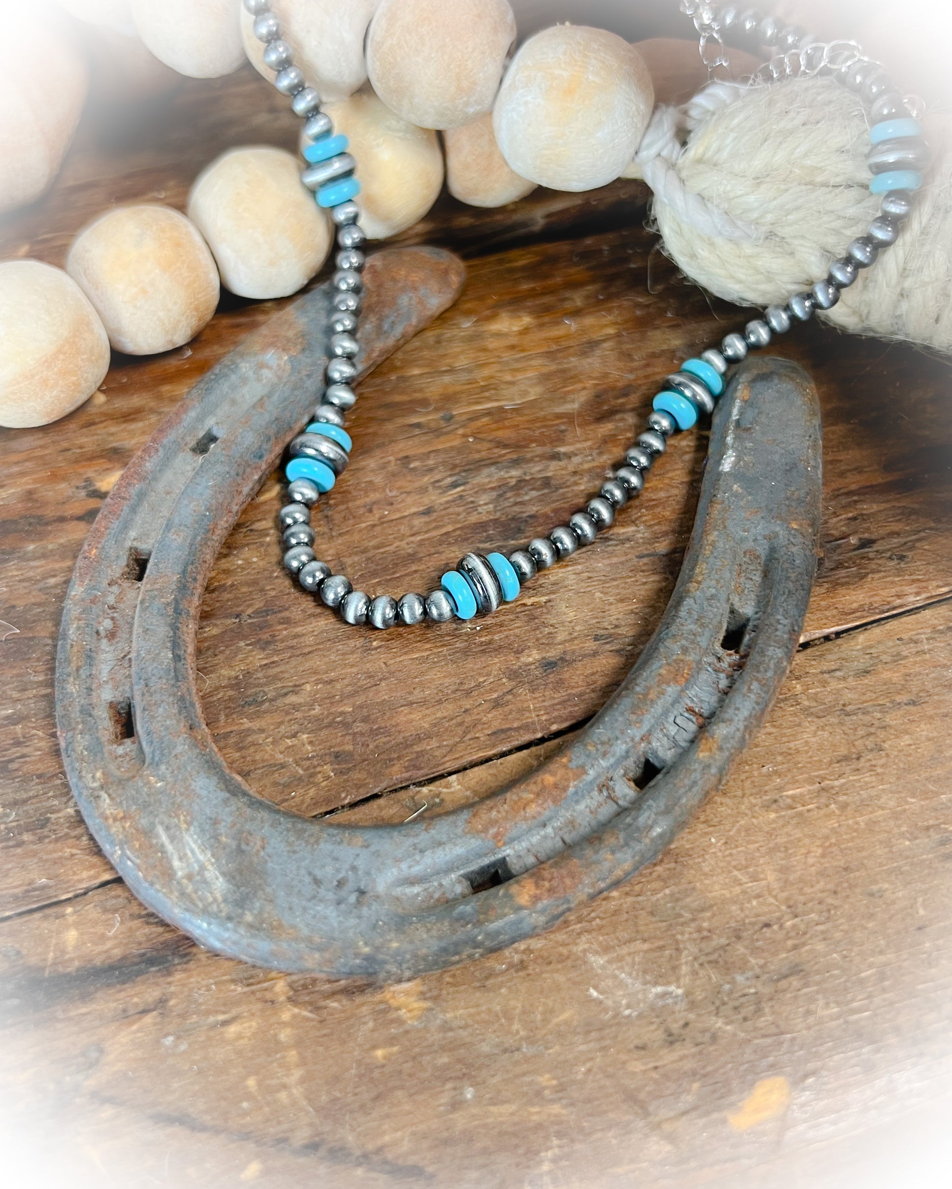 faux navajo pearl choker necklace with silver and turquoise beads | punchy cactus | western necklace | western boutique 