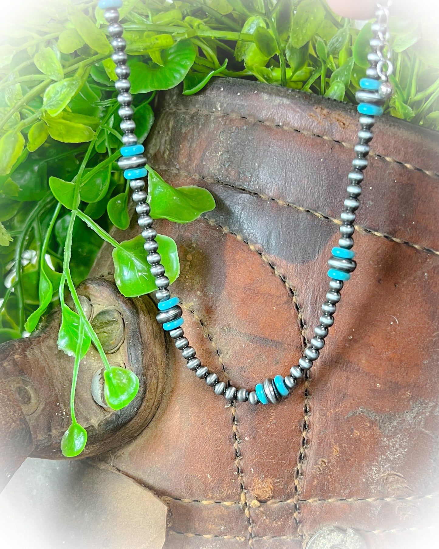 faux navajo pearl choker necklace with silver and turquoise beads | punchy cactus | western necklace | western boutique 