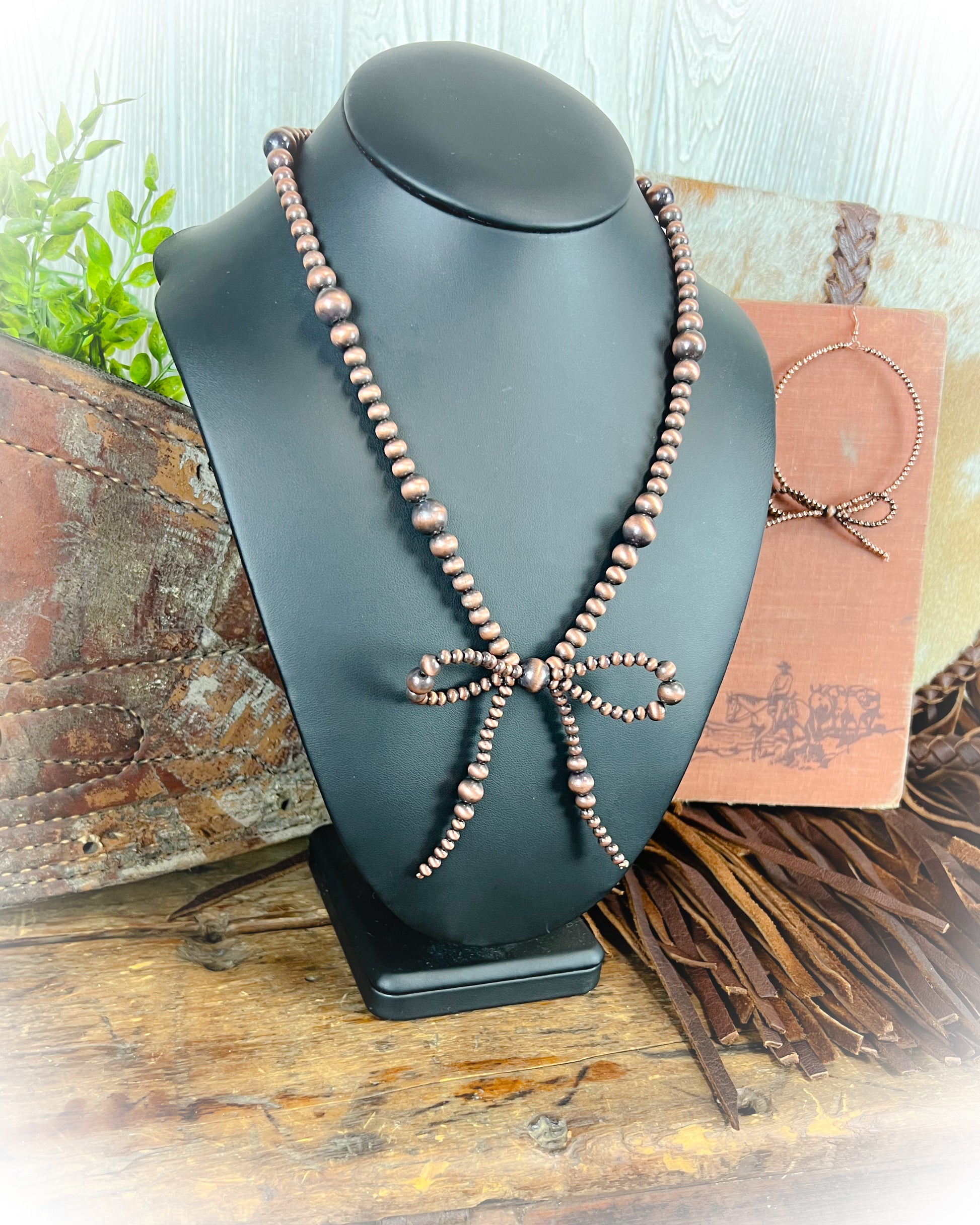 western bronze faux pearl bow necklace and earring set | Punchy cactus western boutique | western necklace and earring set | western jewelry