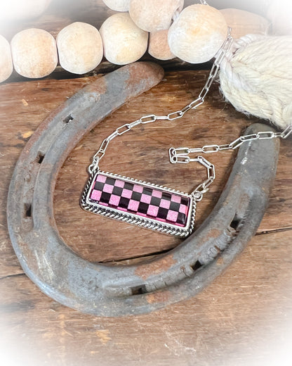 pink and black checkered print bar stone necklace | punchy cactus | western boutique | western jewelry 