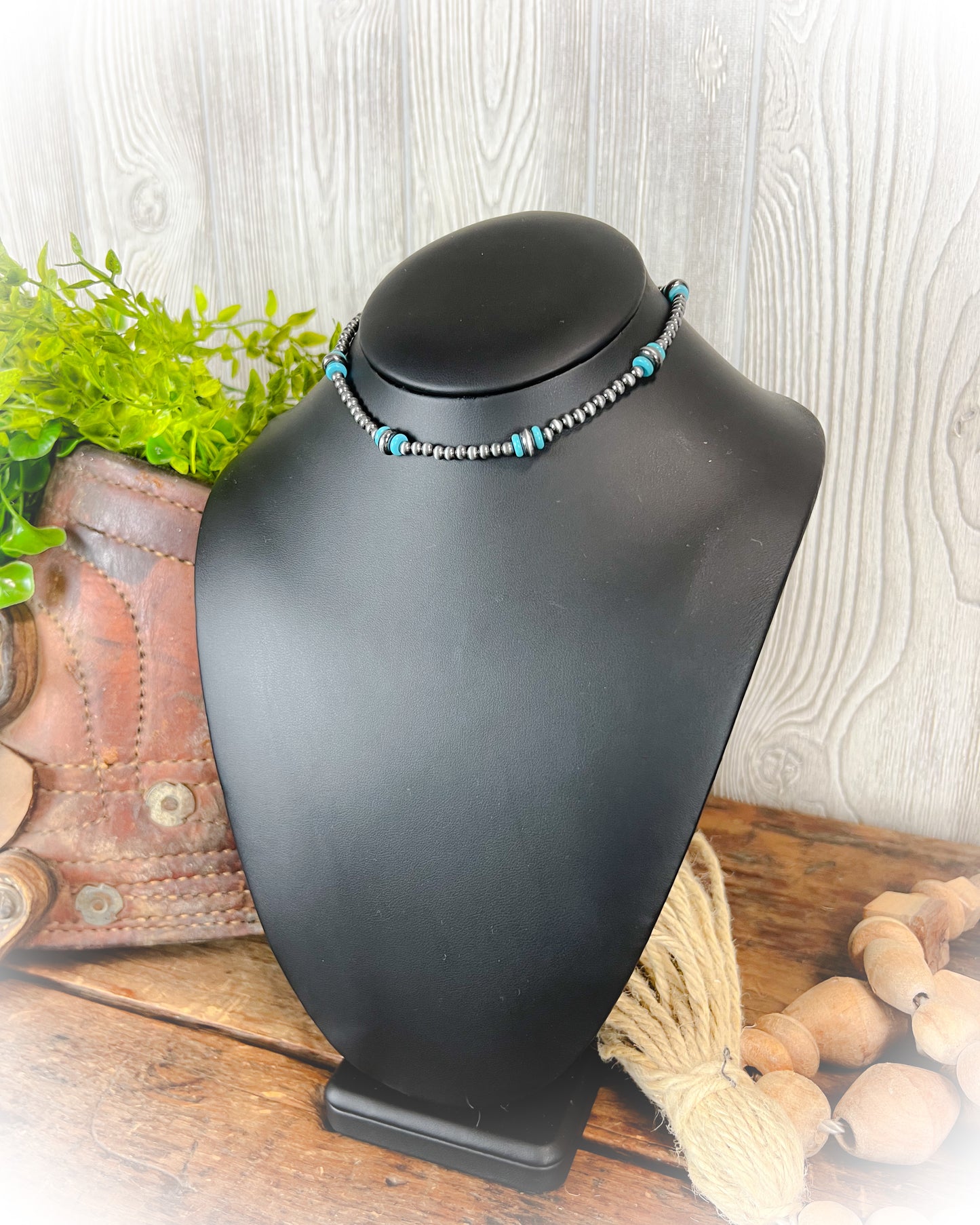 faux navajo pearl choker necklace with silver and turquoise beads | punchy cactus | western necklace | western boutique 
