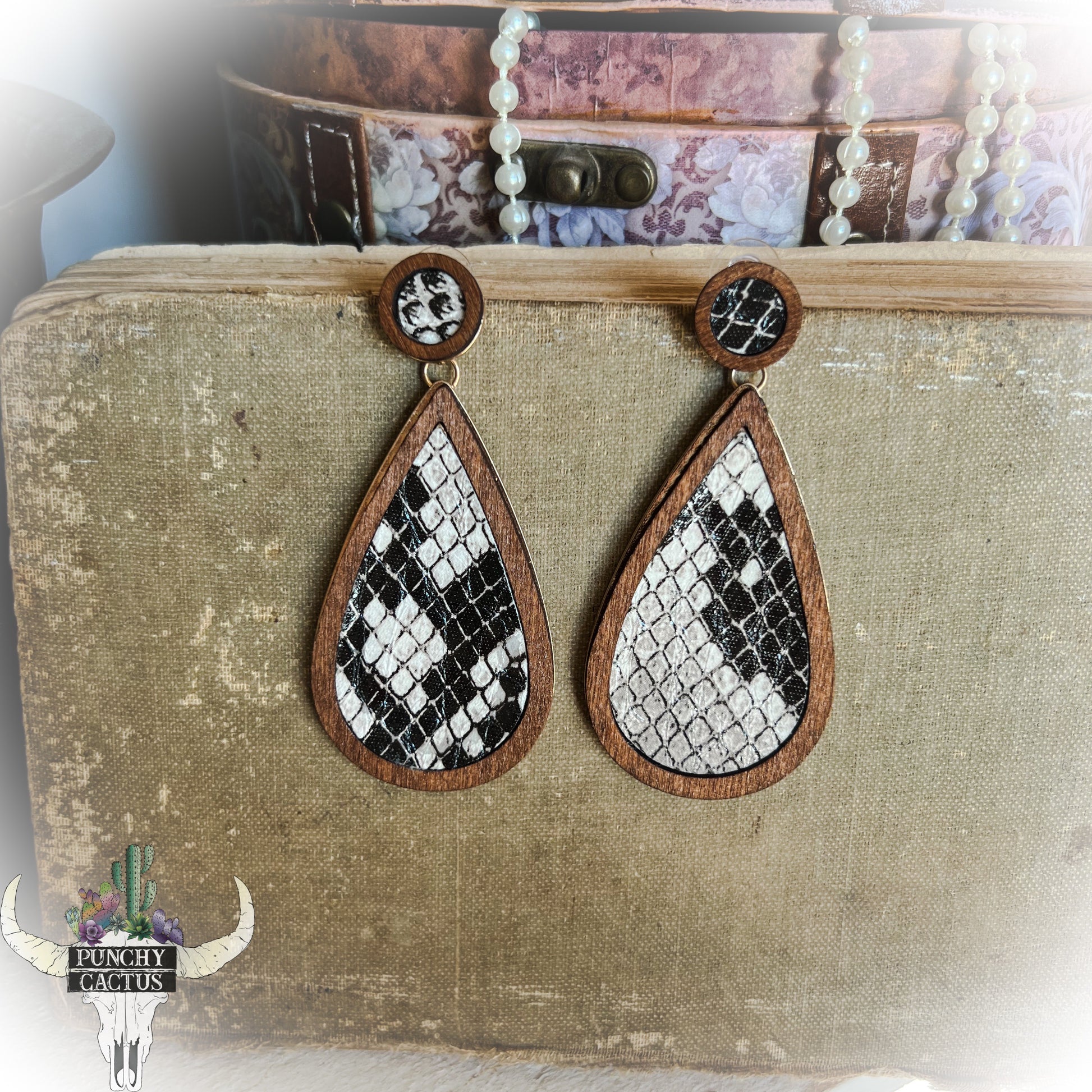 wood earrings with black and white snake print earrings