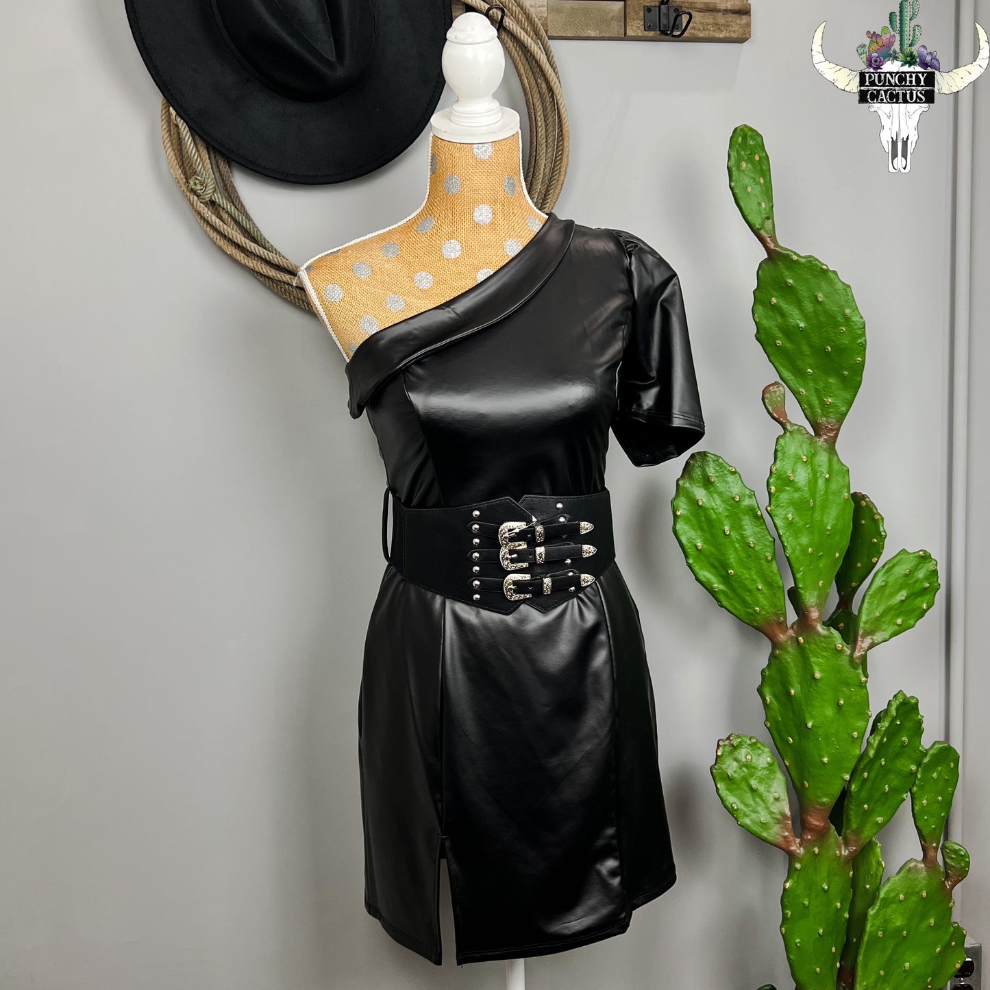 western boho faux black leather one shoulder dress