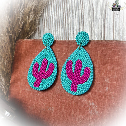 Cactus Beaded Earrings - Turquoise & Hot Pink