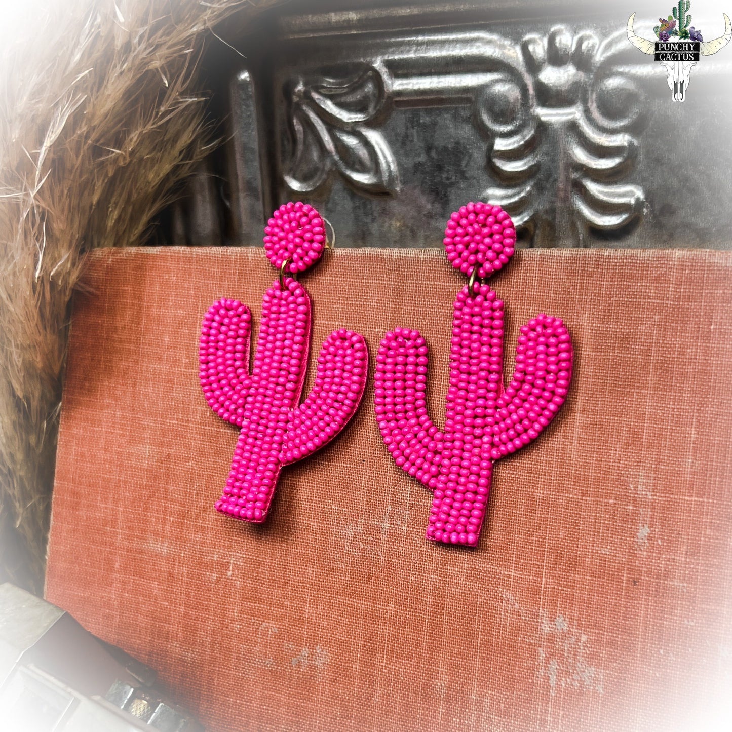 z-Hot Pink Beaded Cactus Earrings