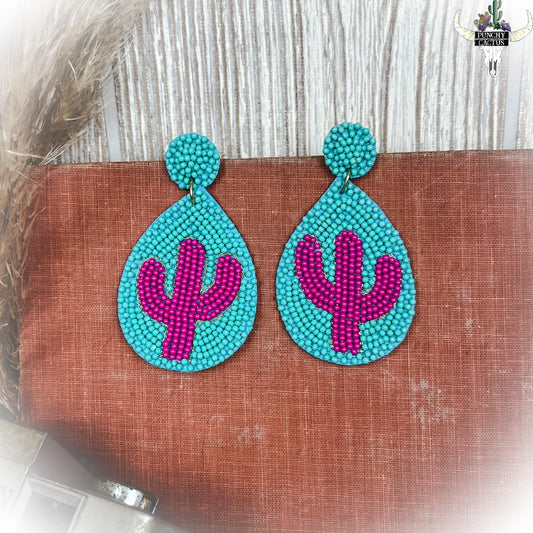 Cactus Beaded Earrings - Turquoise & Hot Pink