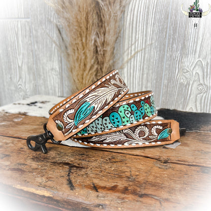 z-Feathered Cactus - Tooled Leather Purse Strap