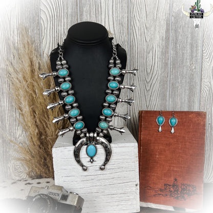 z-Squash Blossom Necklace & Earring Set - Silver & Turquoise