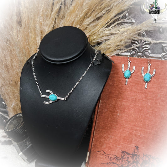 Cactus Pendant Necklace & Earring Set