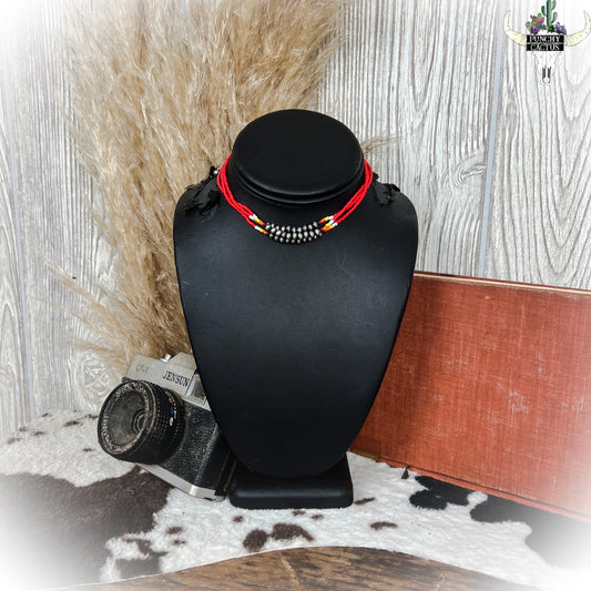 z-Red Serape Beaded Layered Choker Necklace