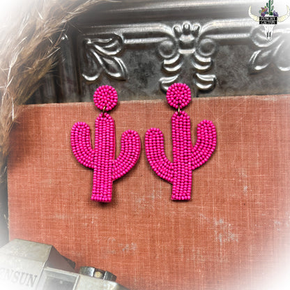 z-Hot Pink Beaded Cactus Earrings