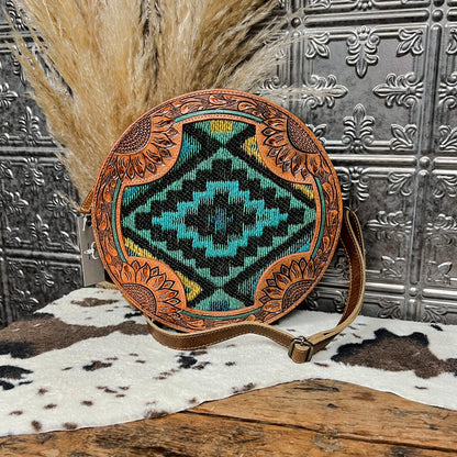 canteen style purse with tooled leather can aztec pattern western boho boutique