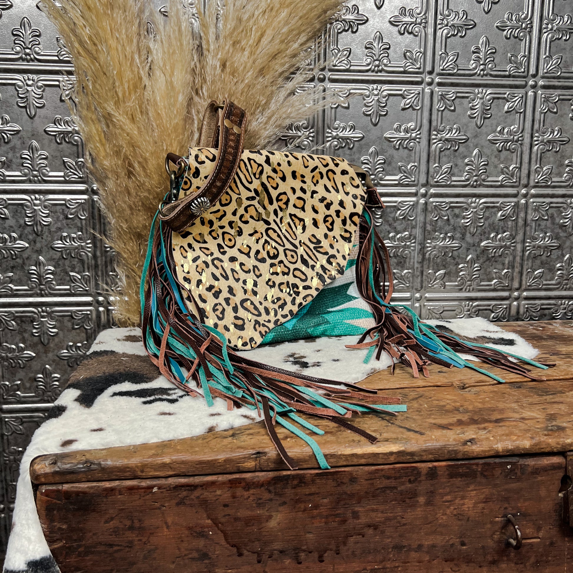 cheetah print cowhide aztec print fringe concealed carry purse western boho boutique