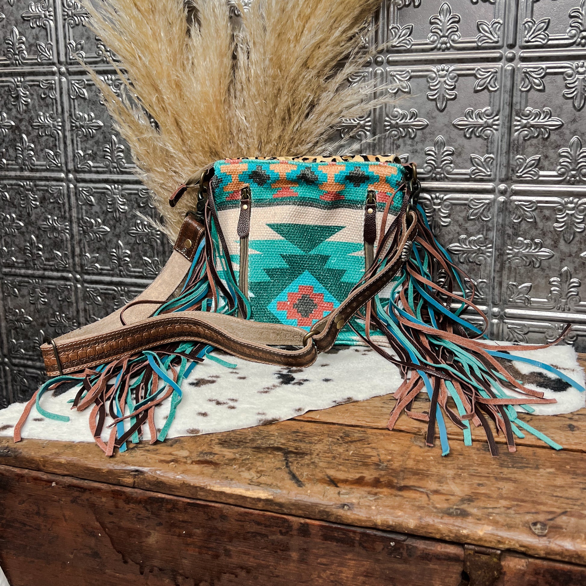 cheetah print cowhide aztec print fringe concealed carry purse western boho boutique