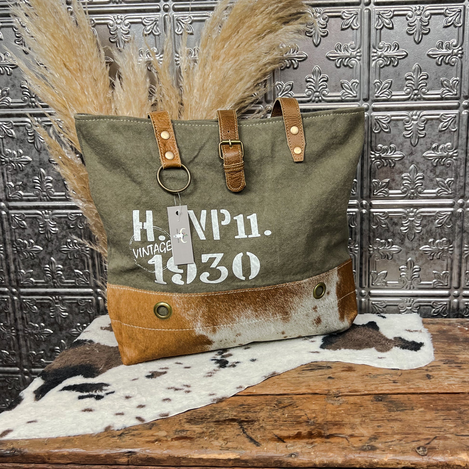 olive canvas tote bag with cowhide western boho boutique