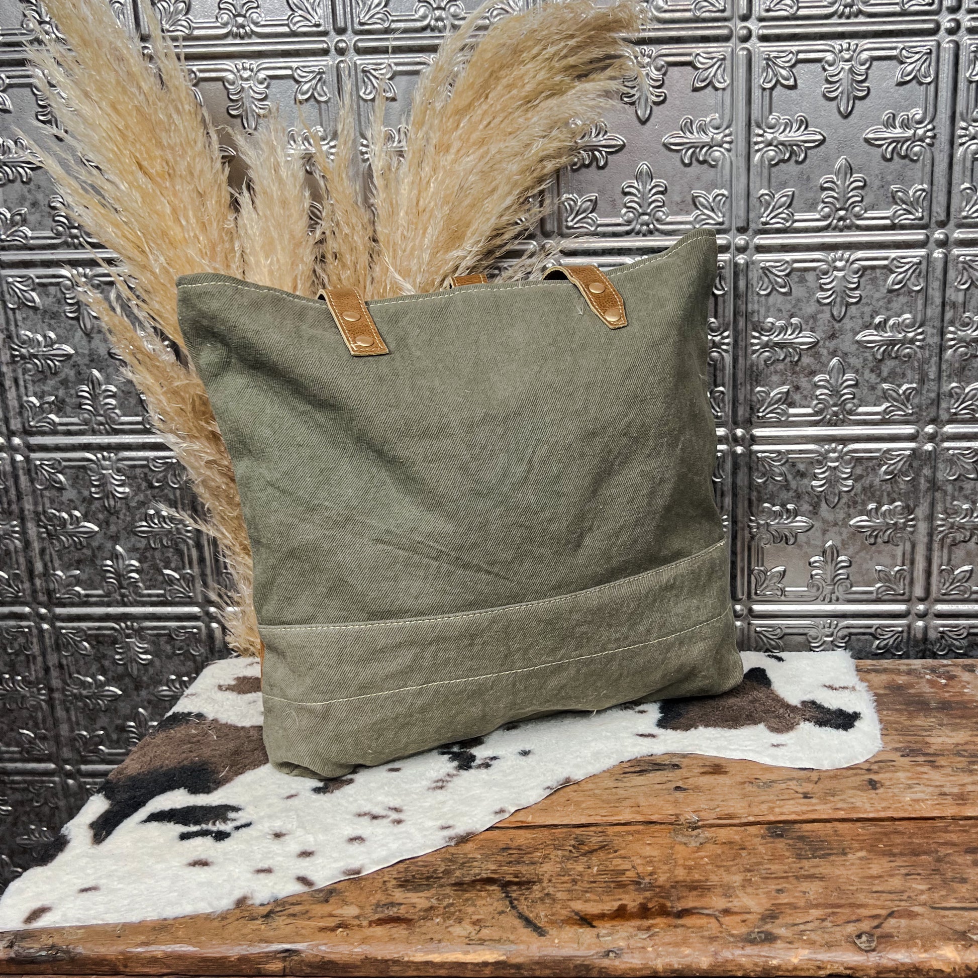 olive canvas tote bag with cowhide western boho boutique