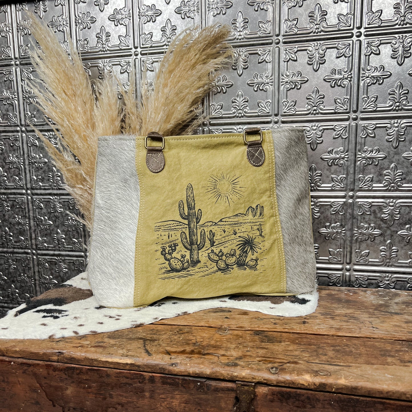 cowhide mustard canvas cactus tote purse western boho boutique