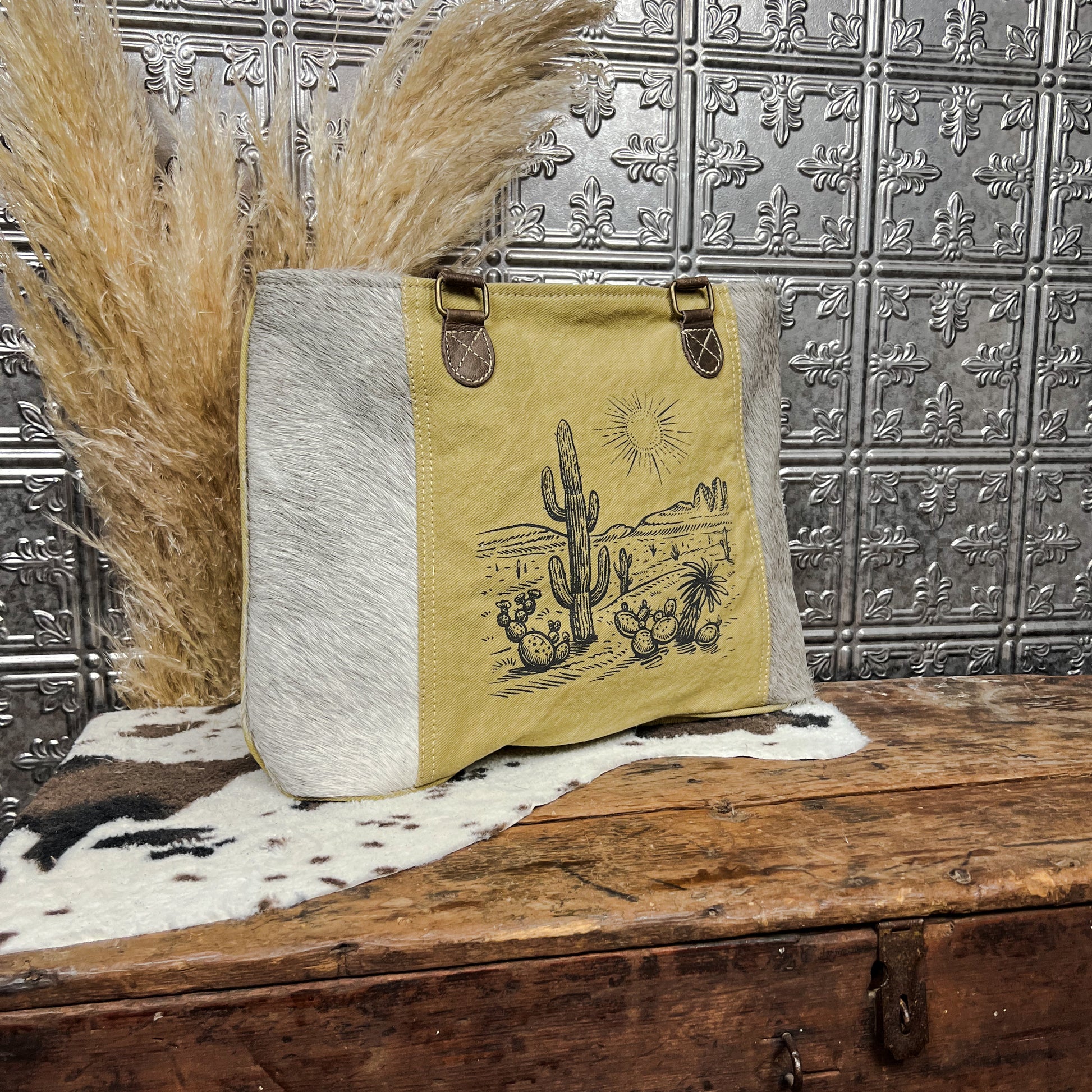cowhide mustard canvas cactus tote purse western boho boutique