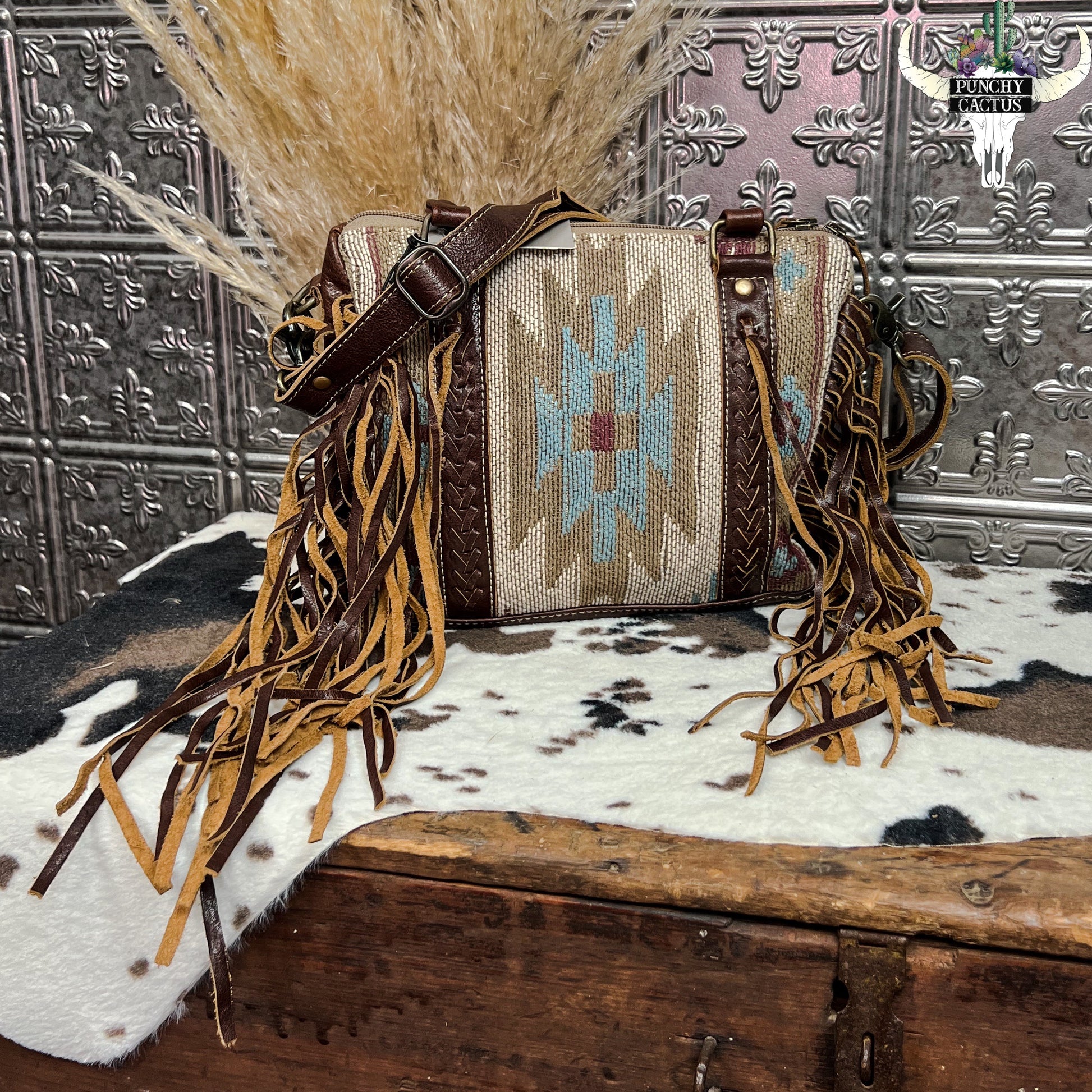 WESTERN LEATHER BAG With Turquoise Stone Real Cowhide Purse 