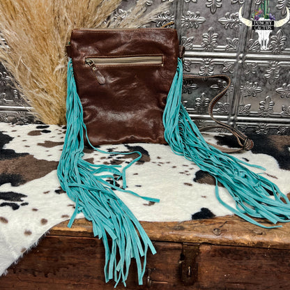 western boutique myra bag cowhide tooled leather turquoise fringe cross body purse