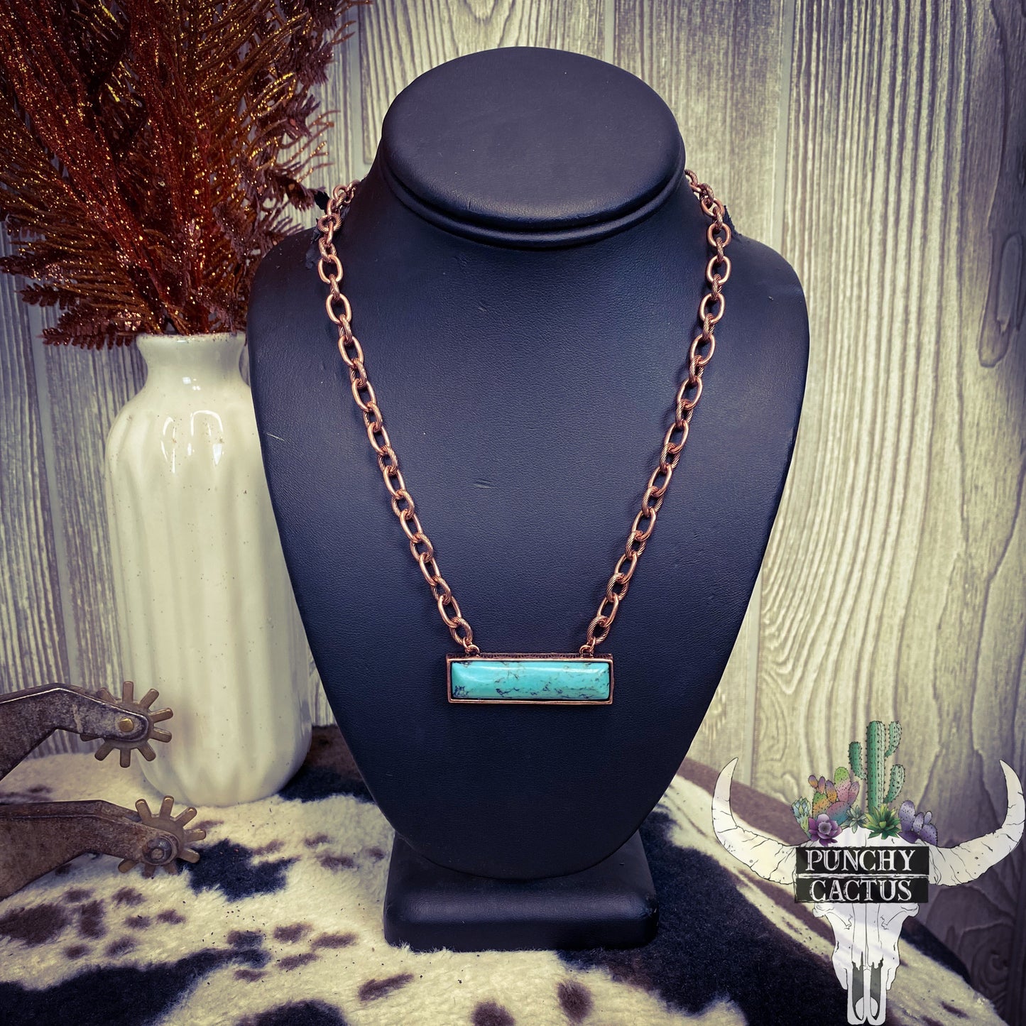 western necklace with bronze chain and turquoise bar