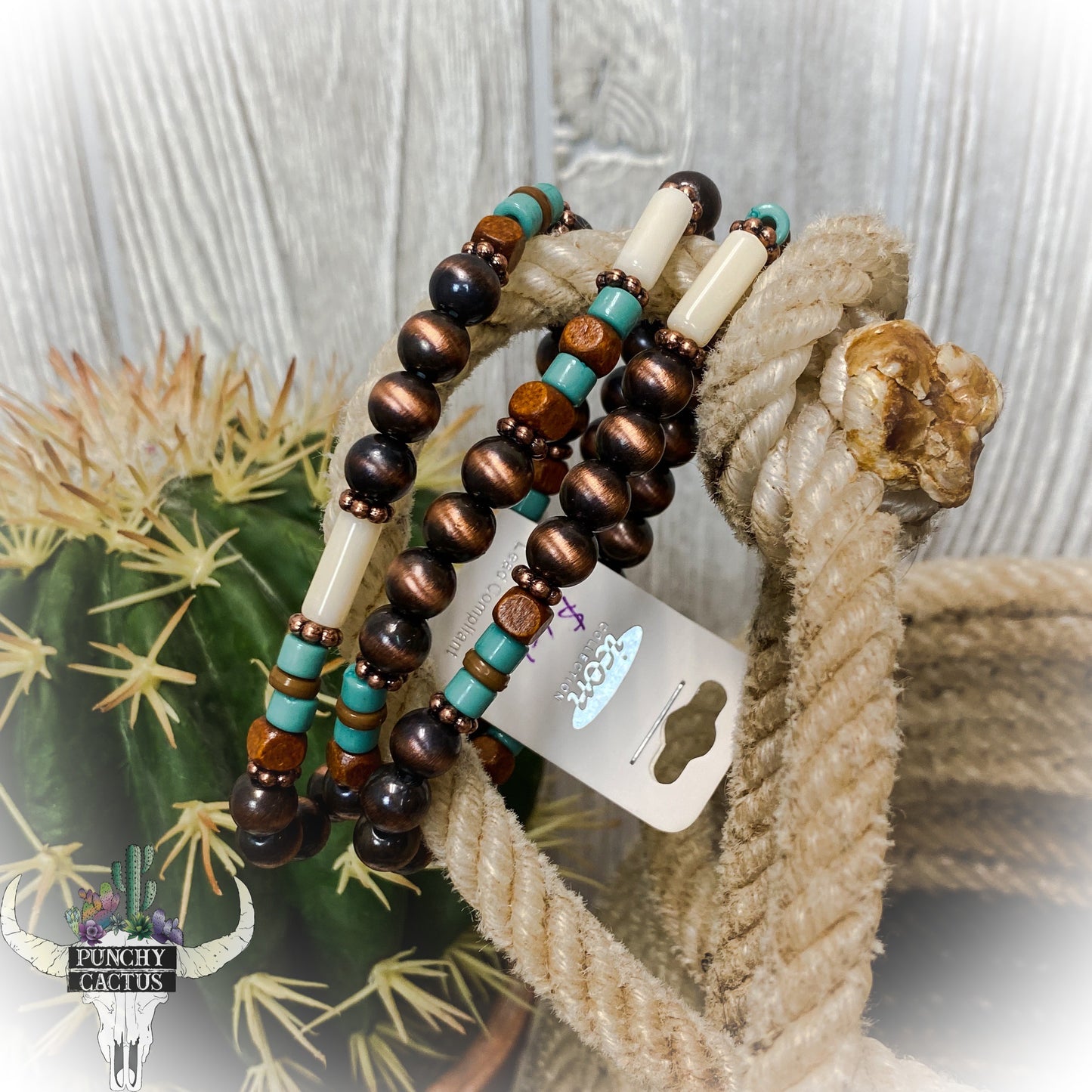 western bronze navajo pearl stacked stretch bracelet with turquoise wood and white beads
