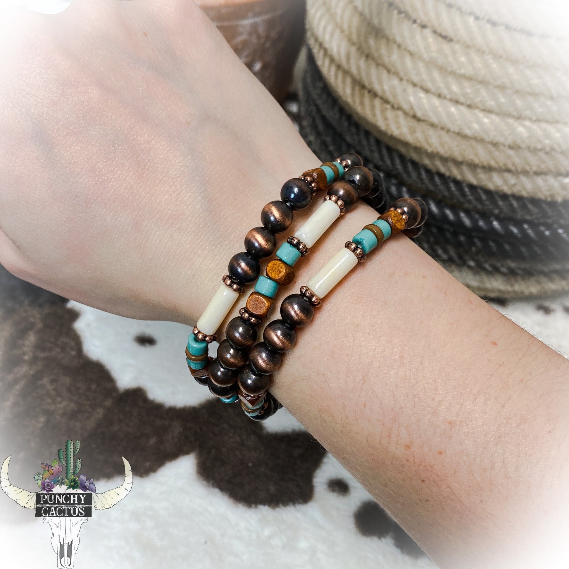 western bronze navajo pearl stacked stretch bracelet with turquoise wood and white beads