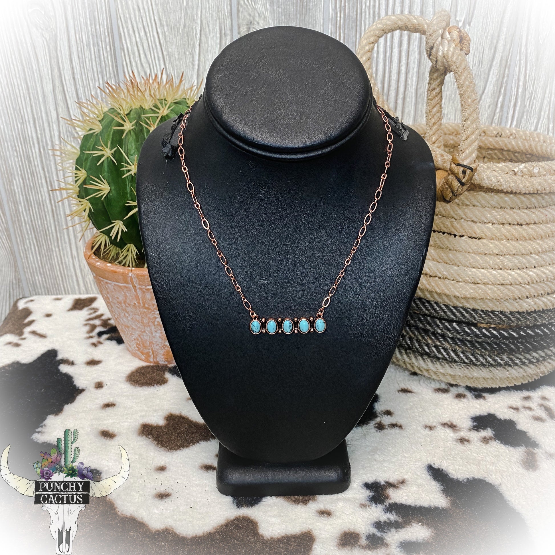 western bronze bar necklace with turquoise stones