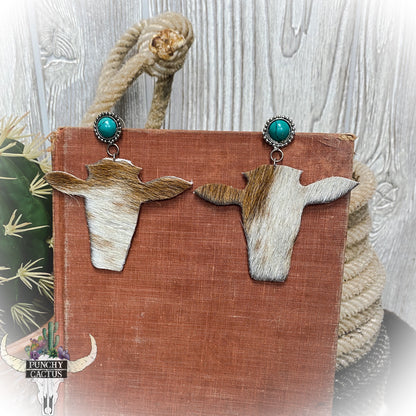 cowhide steer head earrings with turquoise stone studs