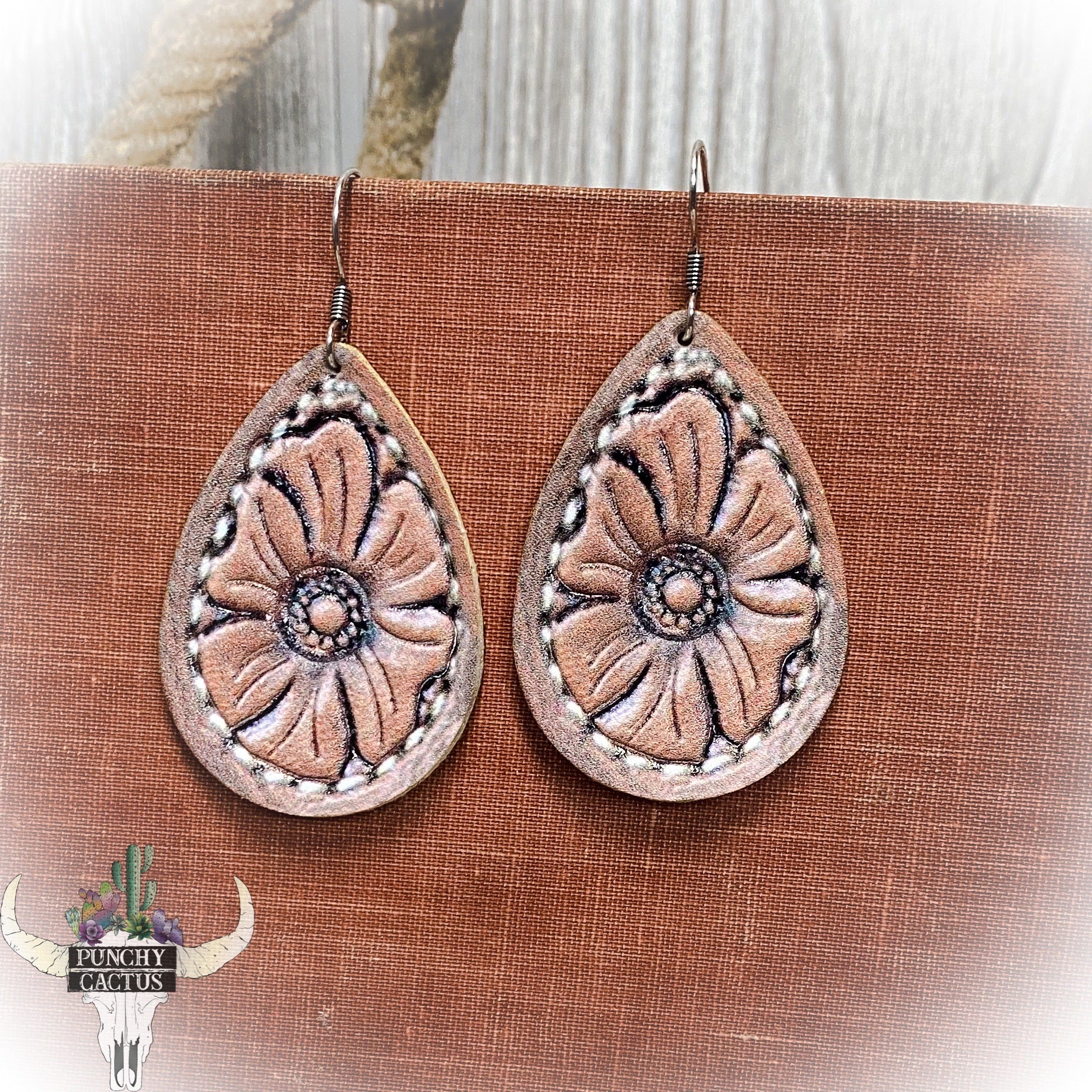 western leather floral tooled earrings