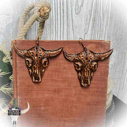 western leather earrings with bull skull earrings