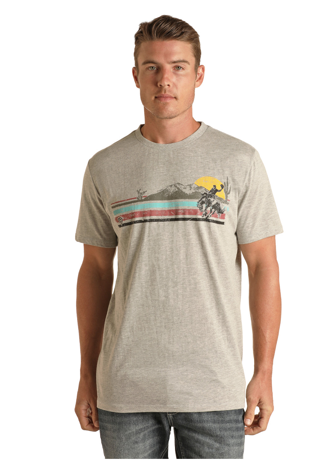 western unisex panhandle rock & roll denim graphic tee with bronc western boutique